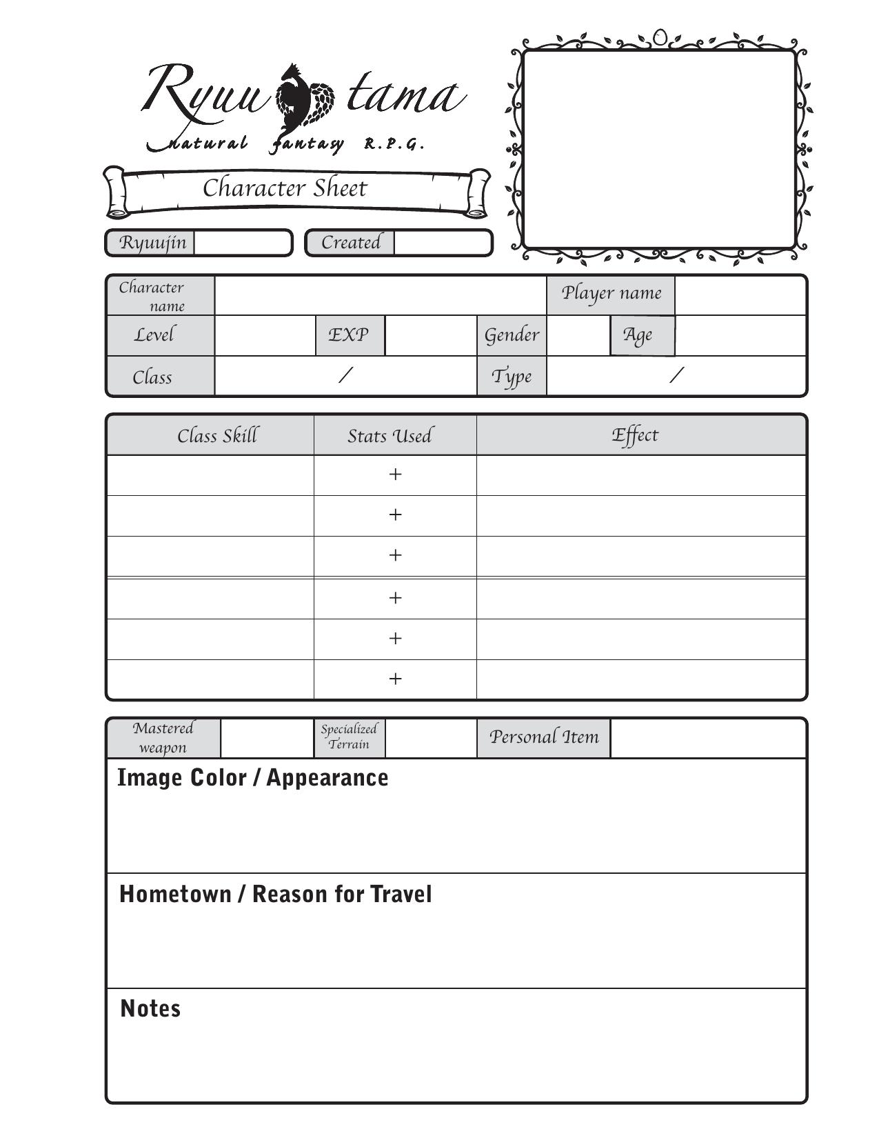 Ryuutama - Character Sheet